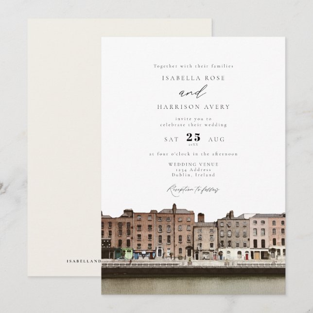 Watercolor Dublin Ireland Skyline River Wedding Einladung (Vorne/Hinten)