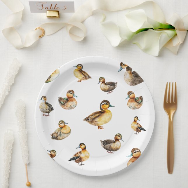 Watercolor Duck Patterned Paper Plate Pappteller (Hochzeit)