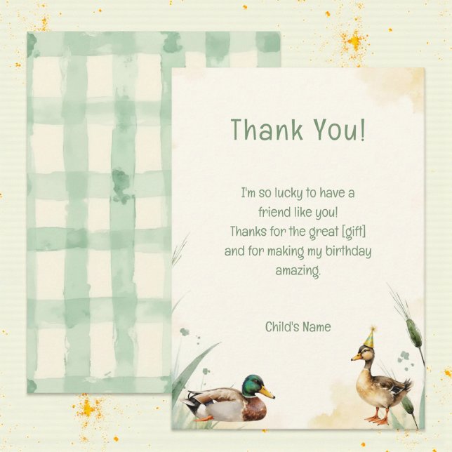 Watercolor Duck with Teal & Yellow Birthday Party  Dankeskarte (Von Creator hochgeladen)