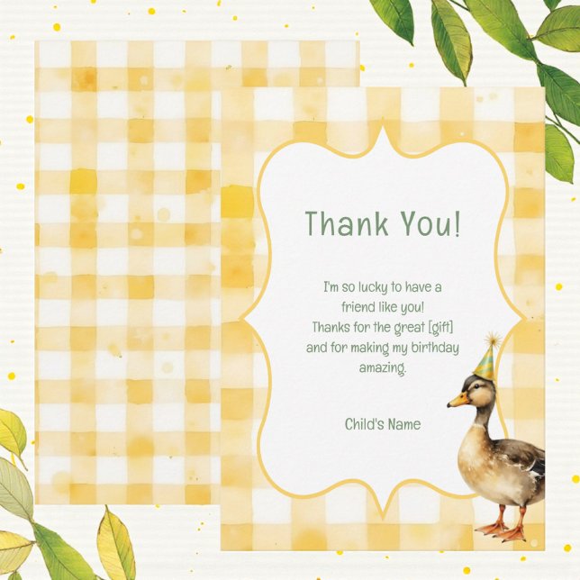Watercolor Duck Yellow Birthday Party Dankeskarte (Von Creator hochgeladen)