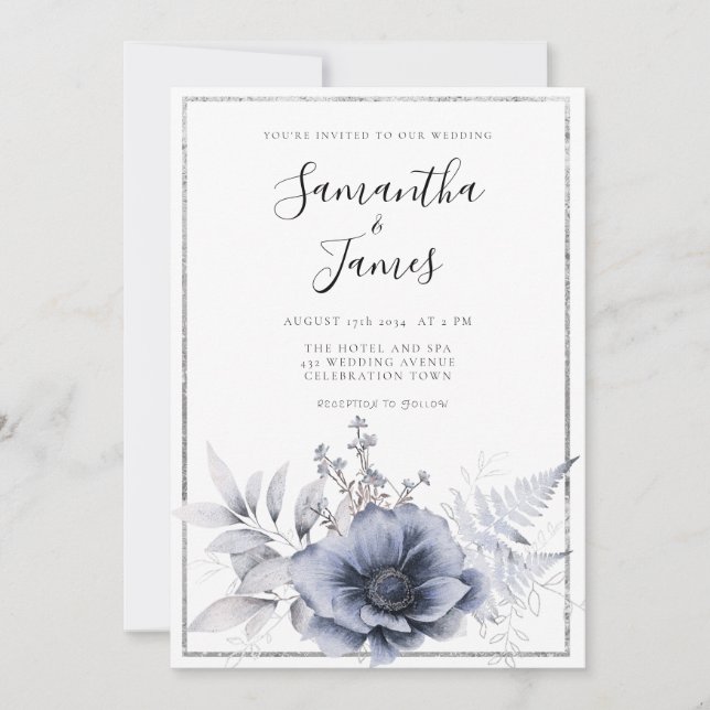 Watercolor Dusty Blue Boho Floral Wedding Einladung (Vorderseite)