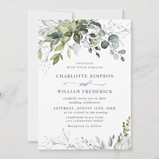 Watercolor Dusty Blue Eukalyptus Greenerity Weddin Einladung (Vorderseite)
