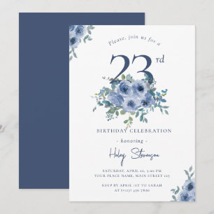 Watercolor Dusty Blue Floral 23. Geburtstag Chic Einladung