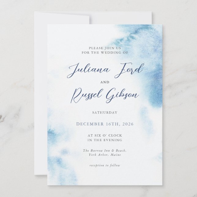 Watercolor Dusty Blue Winter Wedding Invitation Einladung (Vorderseite)