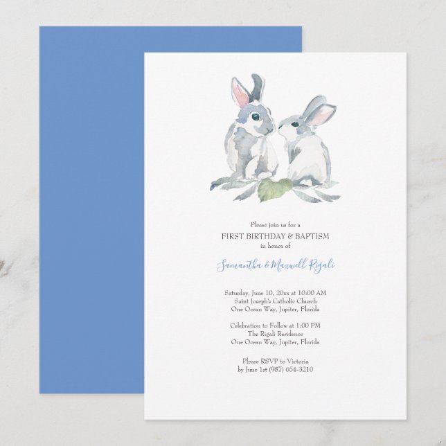 Watercolor Easter Bunny Invitations Boy Birthday Einladung (Vorne/Hinten)