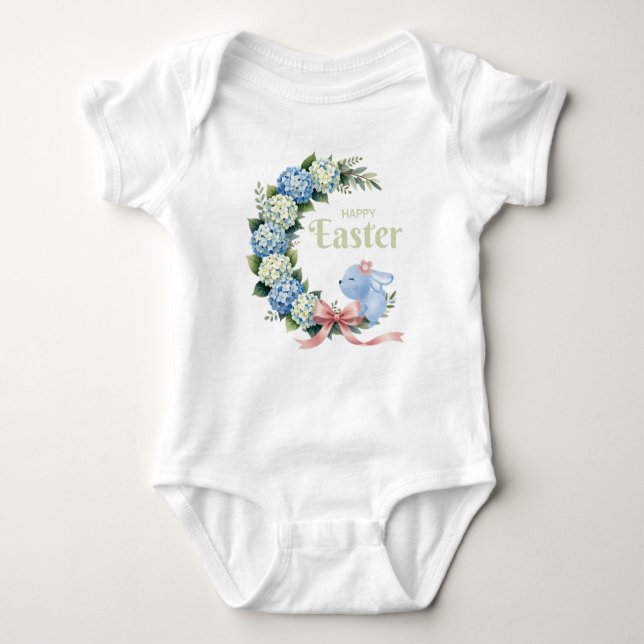 Watercolor Easter Hydrangea Wreath Cute Bunny Baby Strampler (Vorderseite)