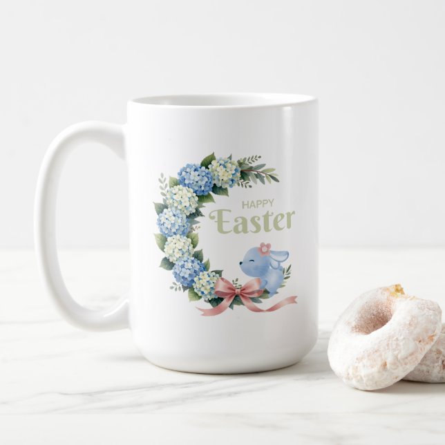 Watercolor Easter Hydrangea Wreath Cute Bunny Kaffeetasse (Mit Donut)