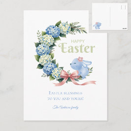 Watercolor Easter Hydrangea Wreath Cute Bunny Postkarte