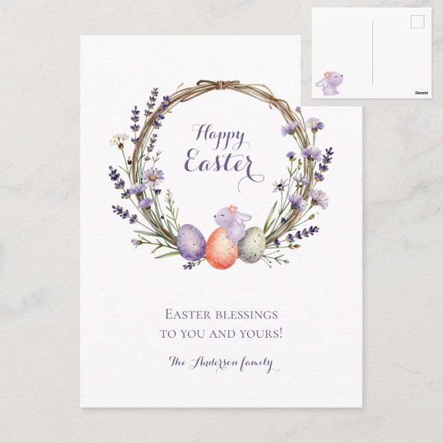 Watercolor Easter Lavender Wreath Eggs Cute Bunny Postkarte (Von Creator hochgeladen)