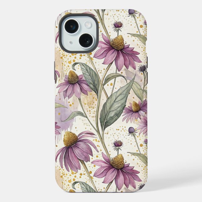 Watercolor Echinacea Purple & Gold iPhone 15 Plus Hülle (Rückseite)