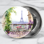 Watercolor Eiffel Tower Paris French Cafe Button<br><div class="desc">Watercolor Eiffel Tower Paris French Cafe Buttons features a watercolor french cafe seating area with Paris and the Eiffel Tower in the background. Created by Evco Studio www.zazzle.com/store/evcostudio</div>