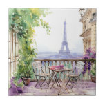 Watercolor Eiffel Tower Paris French Cafe Fliese<br><div class="desc">Watercolor Eiffel Tower Paris French Cafe Decorative Tiles features a watercolor french cafe seating area with Paris and the Eiffel Tower in the background. Created by Evco Studio www.zazzle.com/store/evcostudio</div>