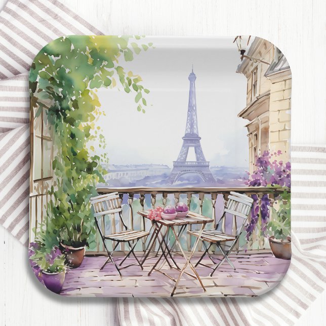 Watercolor Eiffel Tower Paris French Cafe Pappteller (Von Creator hochgeladen)