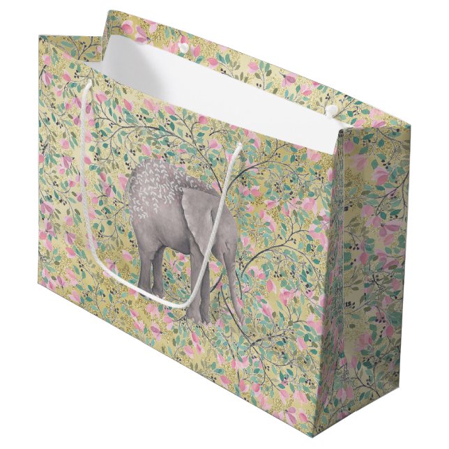 Watercolor-Elefant-Blumen-GoldGlitzer Große Geschenktüte (Vorderseite Schrägansicht)