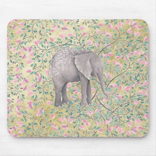 Watercolor-Elefant-Blumen-GoldGlitzer Mousepad (Vorne)