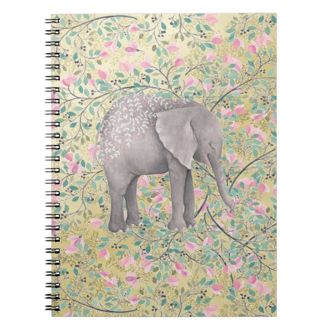 Watercolor-Elefant-Blumen-GoldGlitzer Notizblock (Vorderseite)