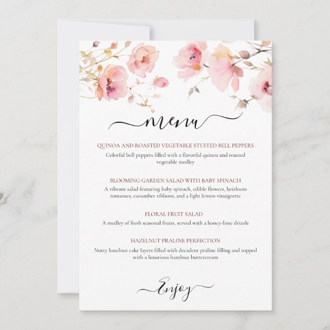 WATERCOLOR ELEGANT PINK BLUME MENU-KARTE EINLADUNG (Vorderseite)