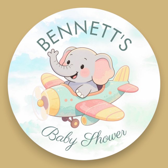 Watercolor Elephant Airplane Baby Shower Sticker (Créateur téléchargé)