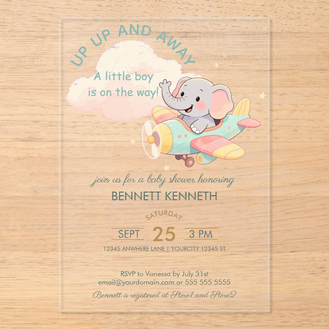 Watercolor Elephant Airplane Boy Invitation (Recto)