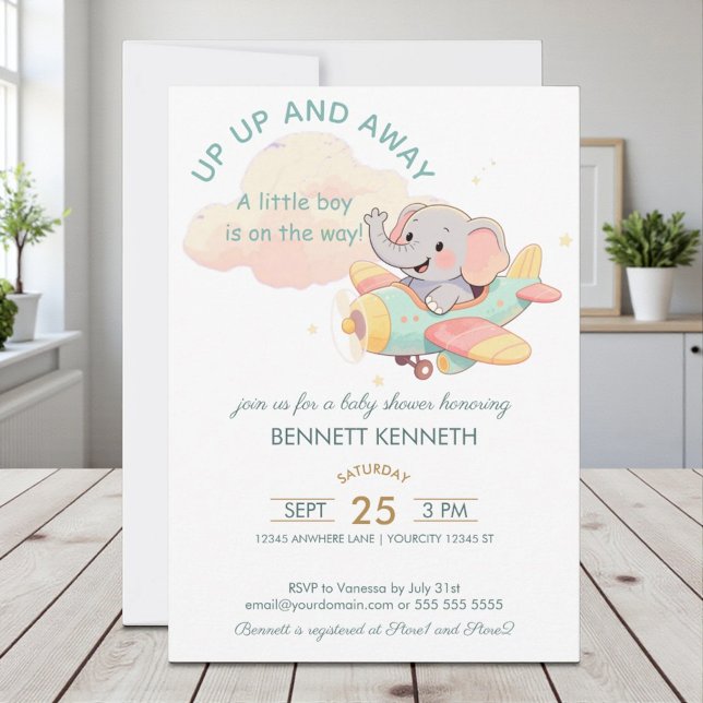 Watercolor Elephant Airplane Boy Invitation Einladung (Von Creator hochgeladen)