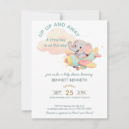 Watercolor Elephant Airplane Boy Invitation RSVP Karte