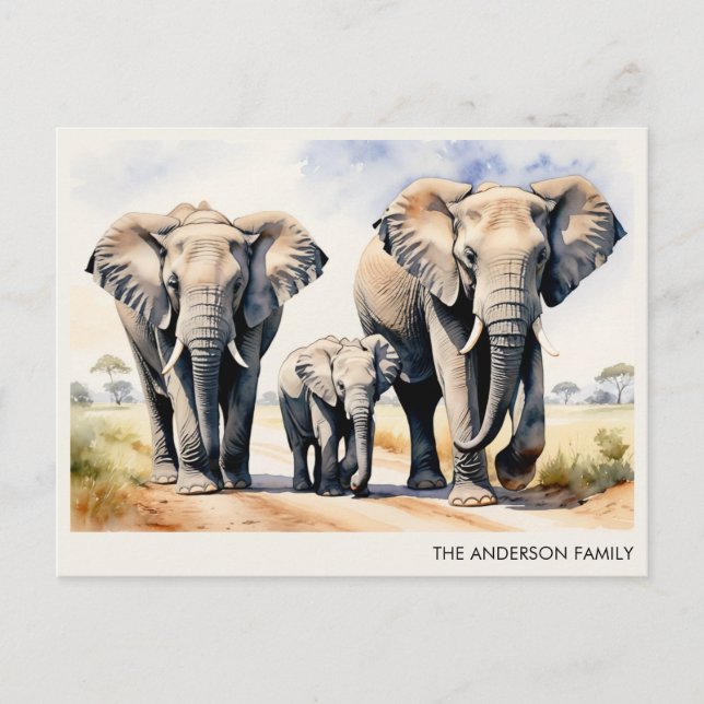 Watercolor Elephant Family Personalized Name Postkarte (Vorderseite)