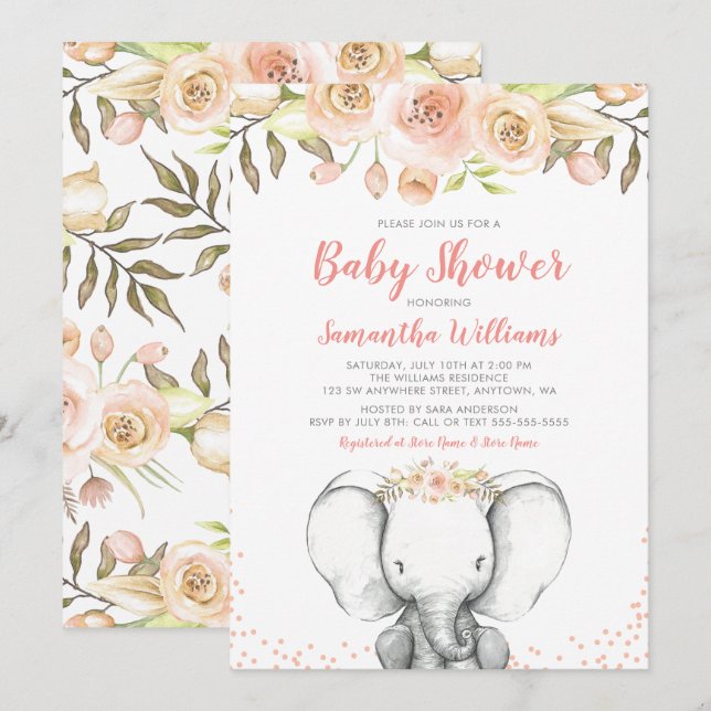 Watercolor Elephant Girl Baby Shower Invitations (Devant / Derrière)