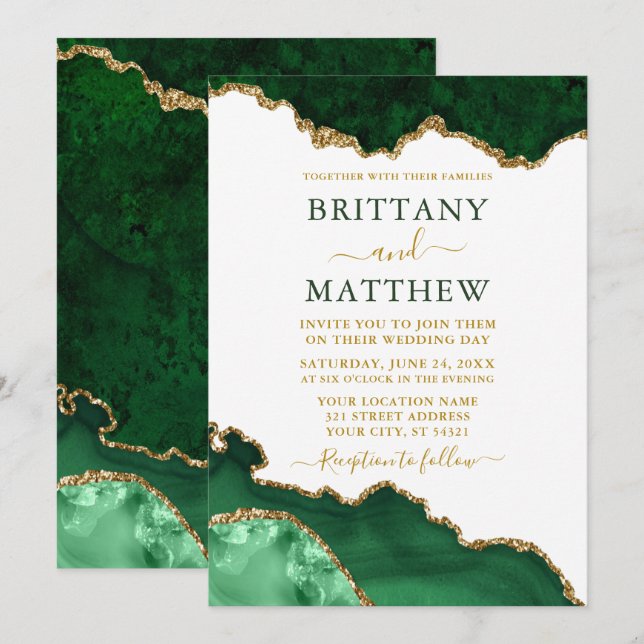 Watercolor Emerald Green Marble Gold Geode Wedding Einladung (Vorne/Hinten)