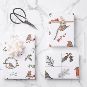 Watercolor Englisch Robin Christmas Weihnachtsgesc Geschenkpapier Set