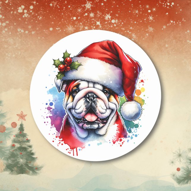 Watercolor English Bulldog in Weihnachtsmannmütze Runder Aufkleber (Von Creator hochgeladen)