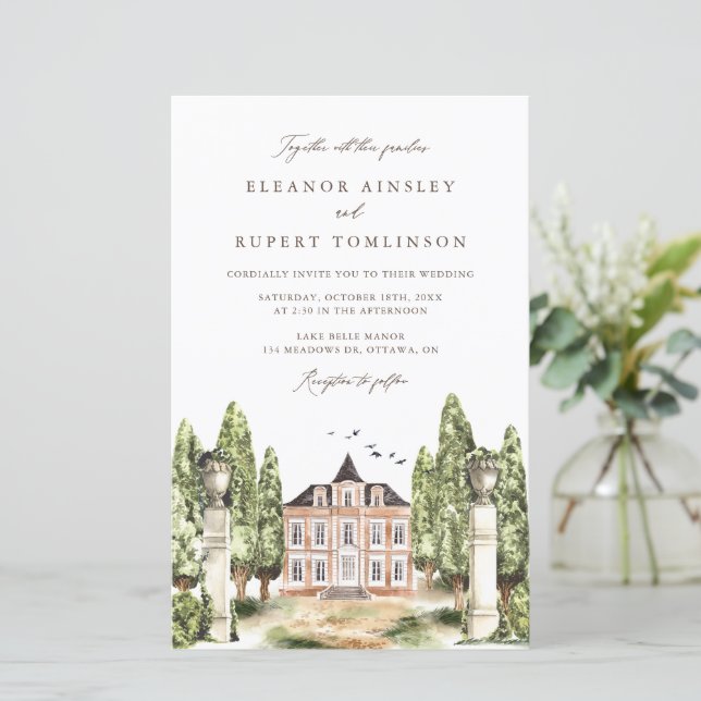 Watercolor English Manor House Wedding Einladung (Stehend Vorderseite)
