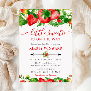 Watercolor-Erdbeeren und Blumen Baby Shower Einladung