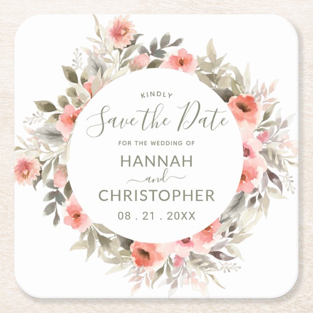 Watercolor erröten RoseWreath Save the Date Rechteckiger Pappuntersetzer (Vorderseite)