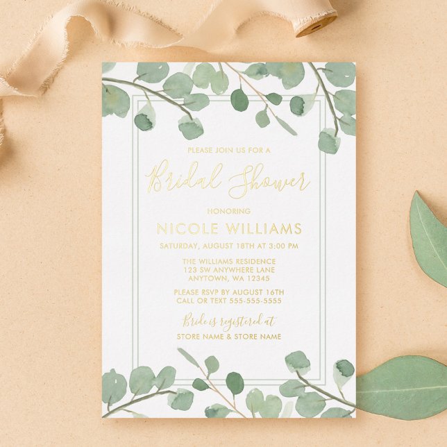 Watercolor Eucalyptus Bridal Shower Gold Folieneinladung (Von Creator hochgeladen)