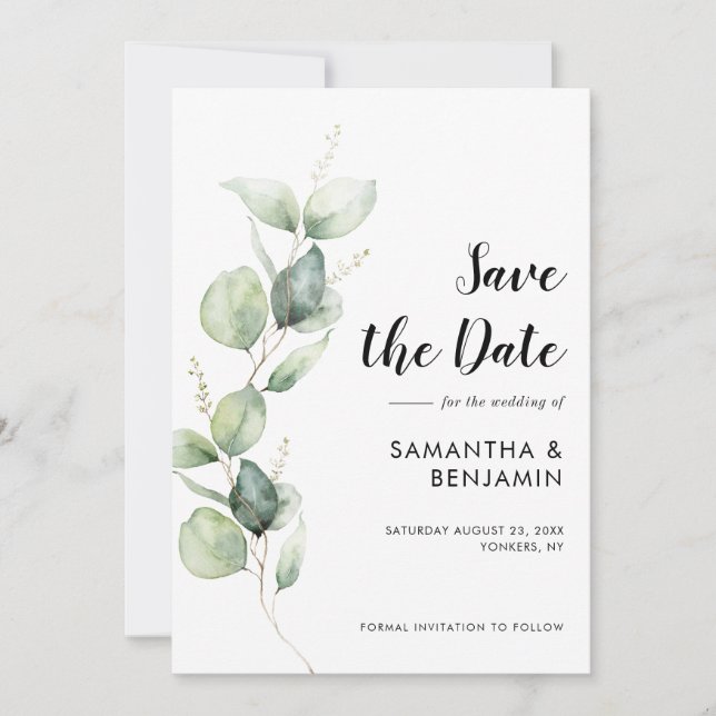 Watercolor Eucalyptus Greenery Wedding Save The Date (Vorderseite)