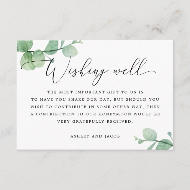 Watercolor eucalyptus script wedding wishing well begleitkarte (Vorderseite)