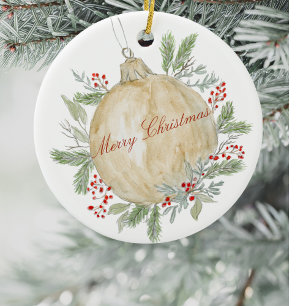 Watercolor Evergreen Golden Weihnachten Keramik Ornament