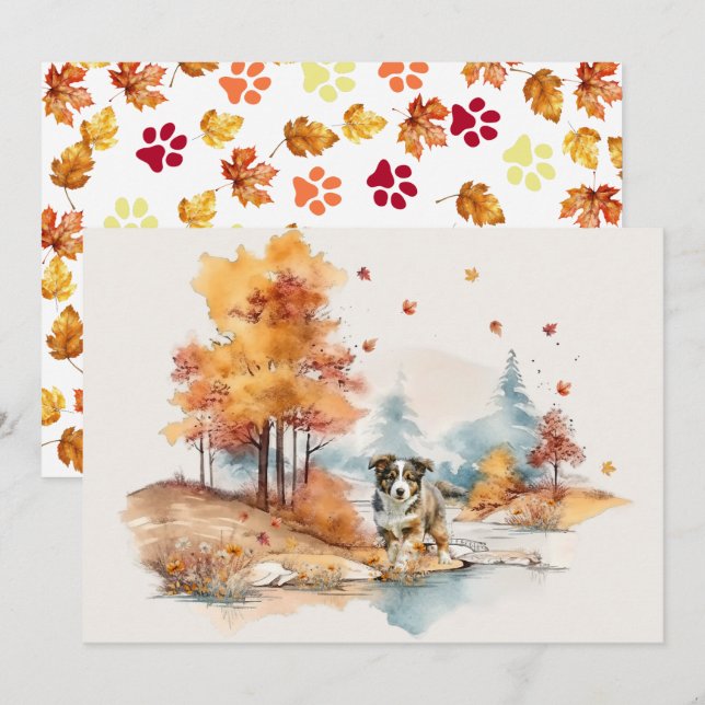 Watercolor Fall Dog Design - Australian Shepherd Karte (Vorne/Hinten)