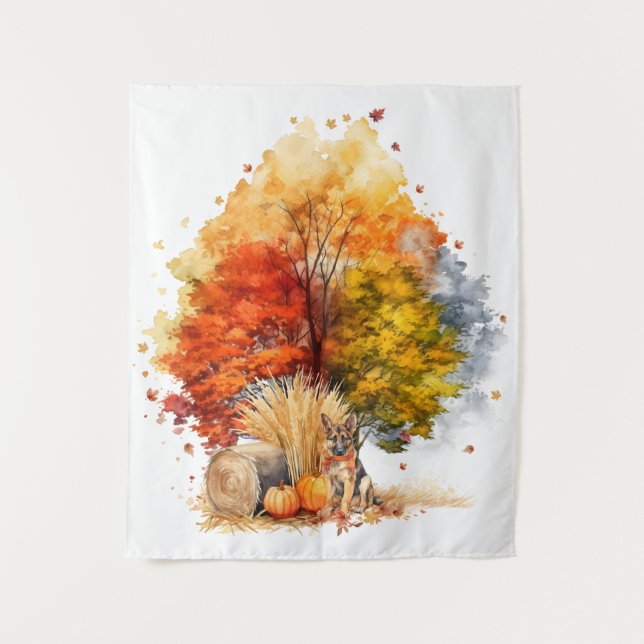 Watercolor Fall Dog Design - Deutscher Hirte Wandteppich (Vorderseite)