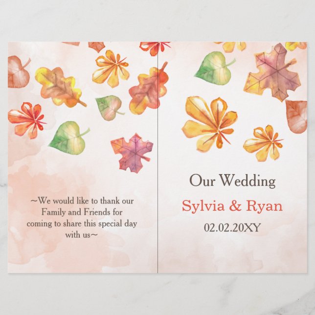 Watercolor Fall Leaves bookfold Wedding programme (Devant)