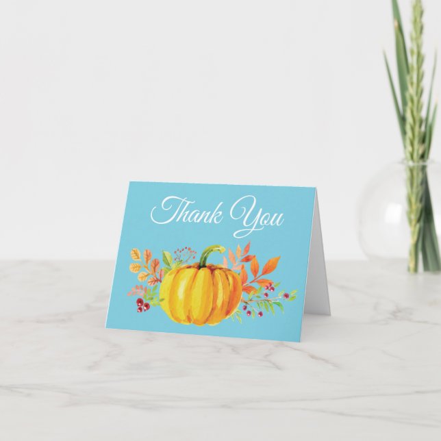 Watercolor Fall Pumpkin Blue Danke Karte (Vorderseite)