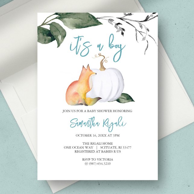 Watercolor Fall Woodland Baby Boy Dusche Einladung (baby shower invitation fall boy fox white pumpkin)