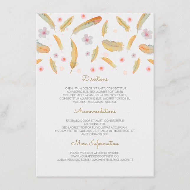 Watercolor Feathers Boho Hochzeitsinformationen Begleitkarte (Vorderseite)