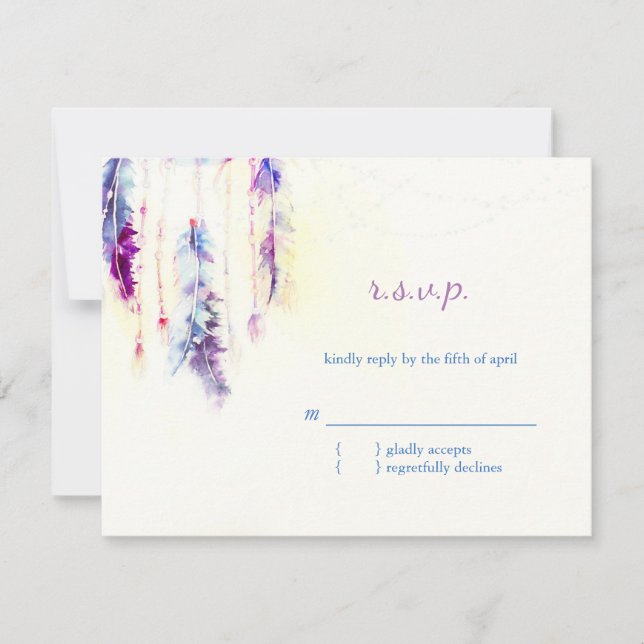 Watercolor Feathers Boho Wedding RSVP Karte (Vorderseite)