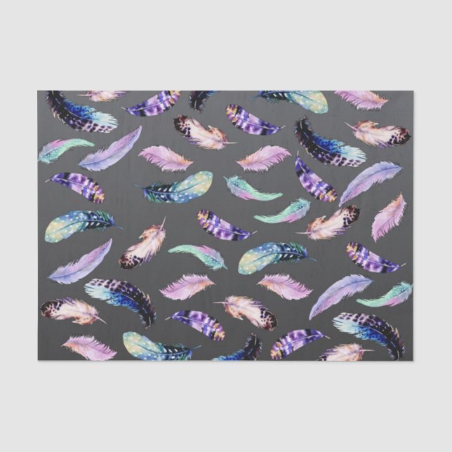 Watercolor Feathers Grau Muster Seidenpapier (Vorderseite)
