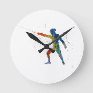 Watercolor Fencing Runde Wanduhr
