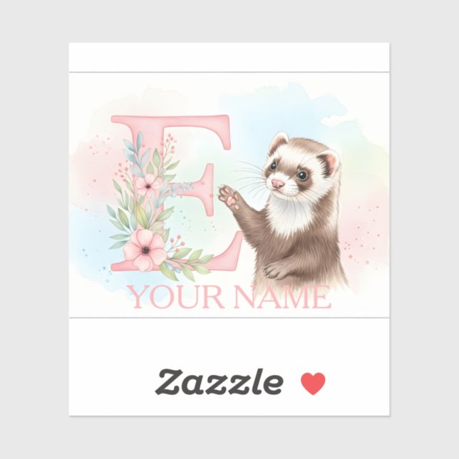Watercolor Ferret with Floral Letter E Monogram Aufkleber (Blatt)