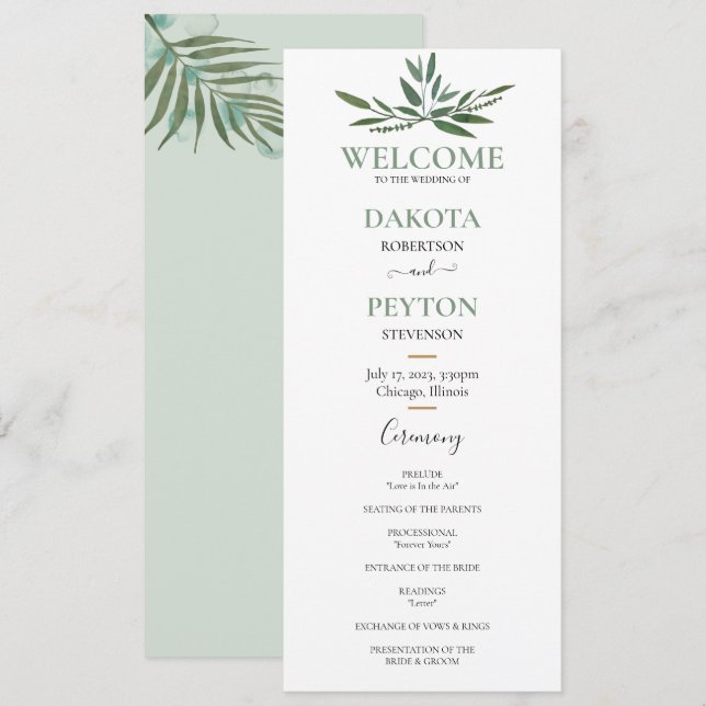 Watercolor Feuilles 07a Programme de cérémonie des (Devant / Derrière)