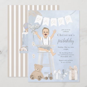 Watercolor First Birthday Baby auf dem Highstuhl Einladung