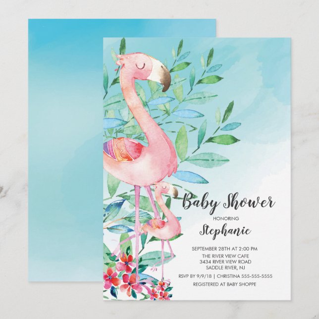 Watercolor Flamingo Baby Dusche Einladung (Vorne/Hinten)